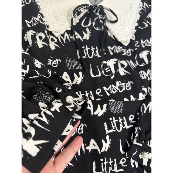 Mellowrani Little Monster Long Sleeve Dress Black & White Cotton Blend Letters - Picture 7 of 12